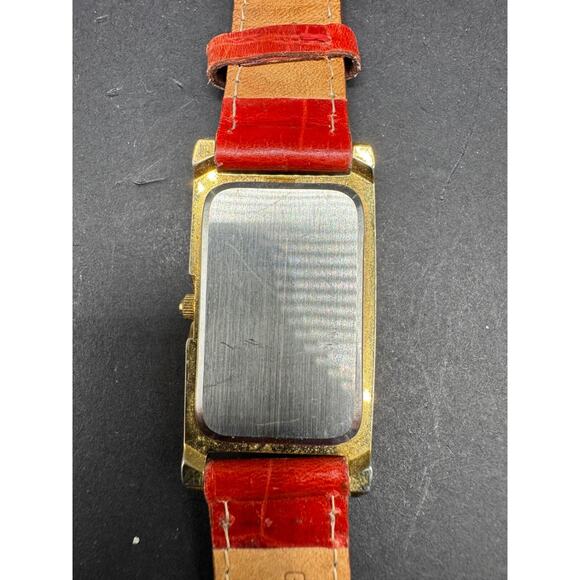 Clarins Paris Rectangular Gold Tone w/ White Dial Watch Red Leather Band Working - Picture 11 of 13